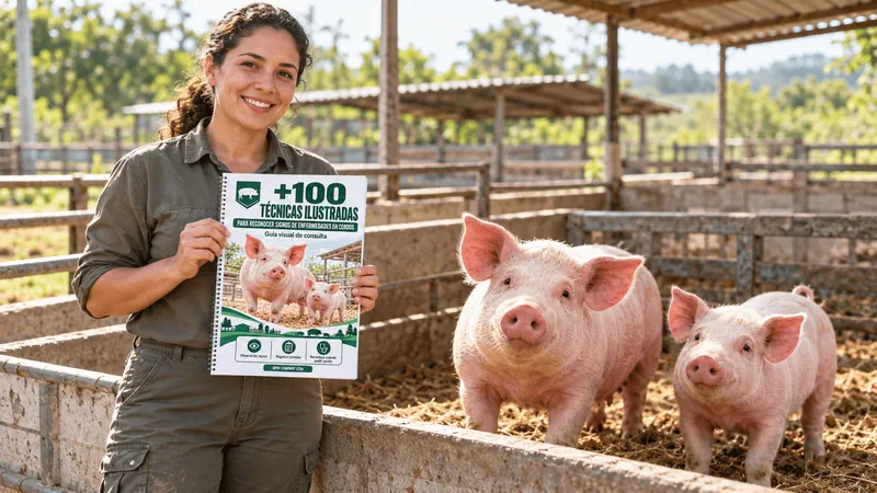 Veterinaria sosteniendo el material +100 Técnicas Ilustradas para Reconocer Signos de Enfermedades en Cerdos junto a un corral porcino